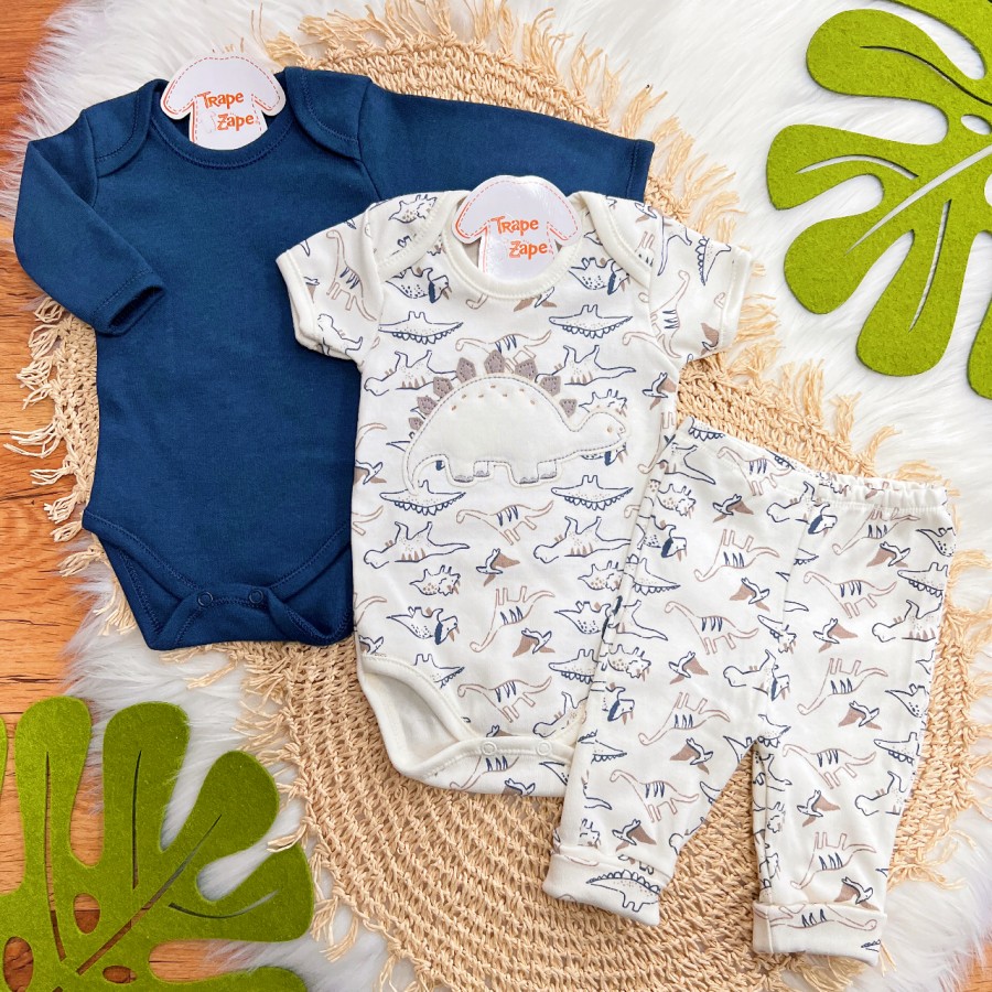 Conj. de Malha 3 Peças - Dinos - Marinho e Off White Conj. de Malha 3 Peças - Dinos - Marinho e Off White